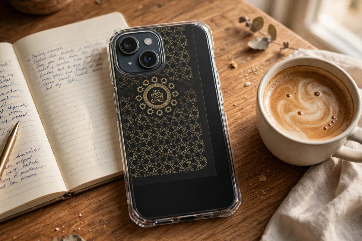 Islamic Geometric Tiles clear phone case on a wooden desk beside a notebook and coffee