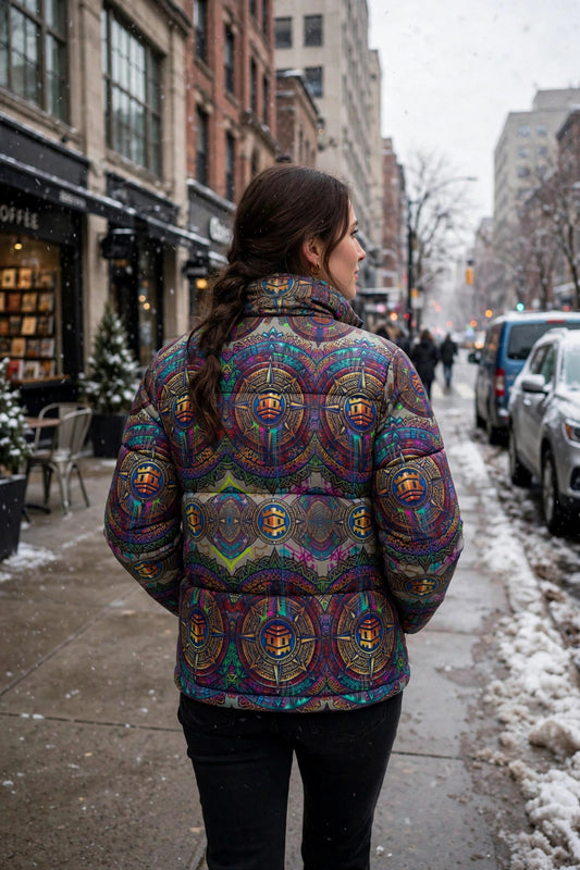 Woman wearing the kaleidoscope puffer jacket seen from the back on a snowy city sidewalk