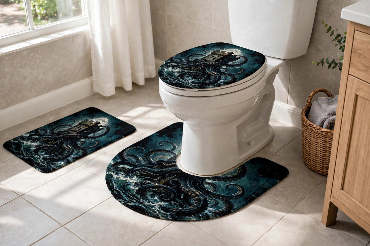 Kraken's Embrace 3-piece bath rug set with kraken artwork around a toilet, side view