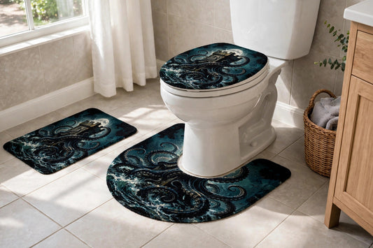 Kraken's Embrace 3-piece bath rug set with kraken artwork around a toilet, side view