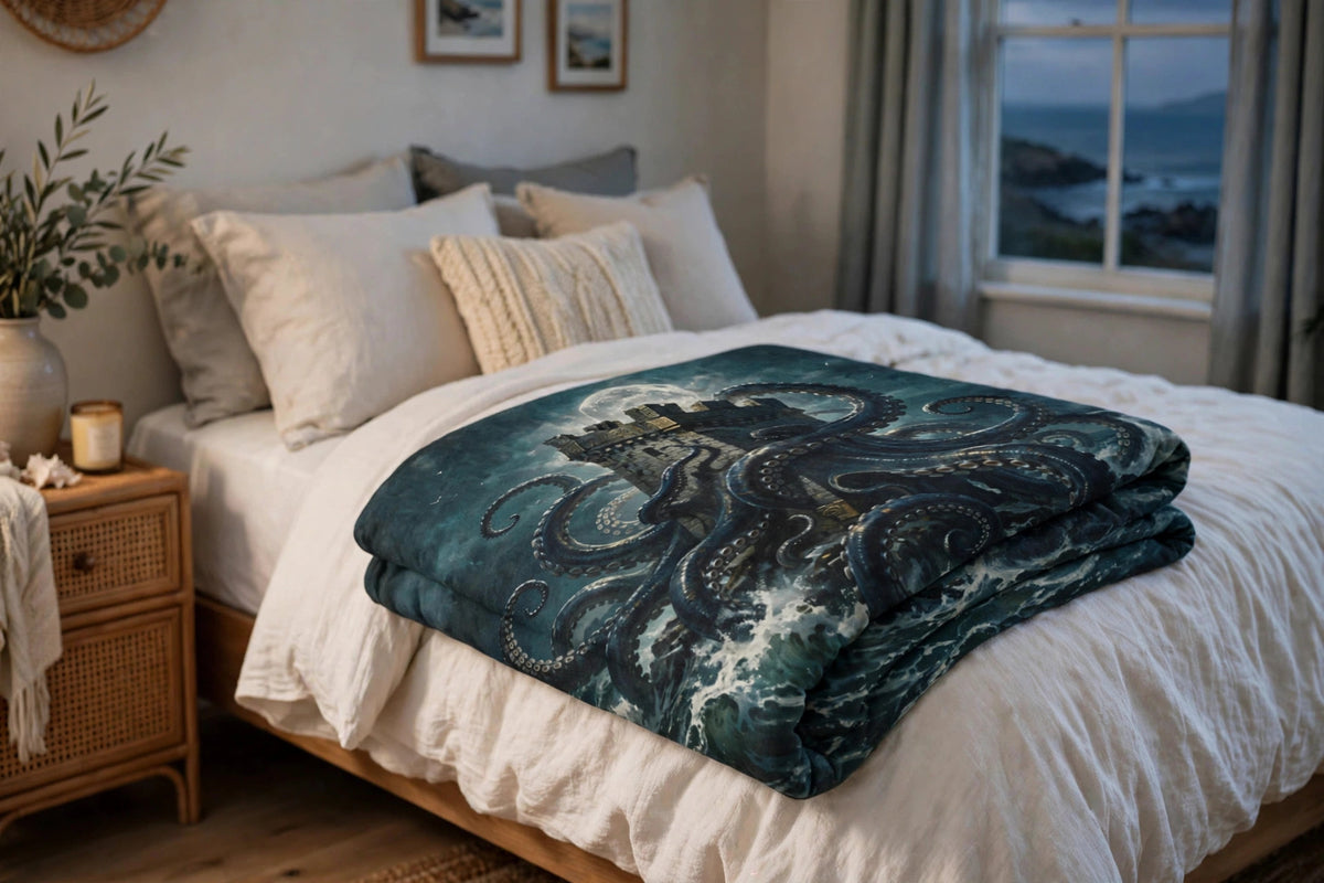 Kraken's Embrace blanket with kraken and tower artwork folded at the foot of a bed