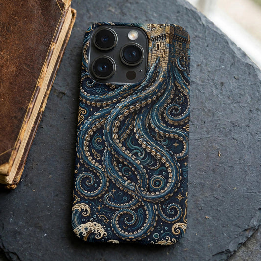 Kraken Norse ornament premium snap phone case on a slate desk