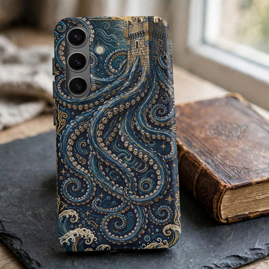 Kraken Norse ornament premium tough phone case on a slate desk
