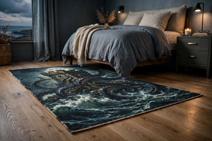 Kraken's Embrace flat-printed rug with kraken artwork beside a bed, low angle