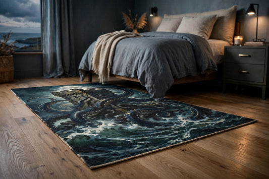 Kraken's Embrace flat-printed rug with kraken artwork beside a bed, low angle