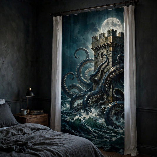 Kraken's Embrace curtains with a moonlit stone tower wrapped by kraken tentacles hanging at a bedroom window