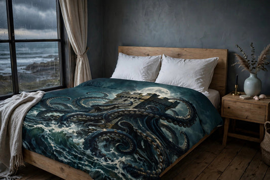 Kraken's Embrace duvet cover with a moonlit stone tower wrapped by kraken tentacles on a made bed in a coastal bedroom