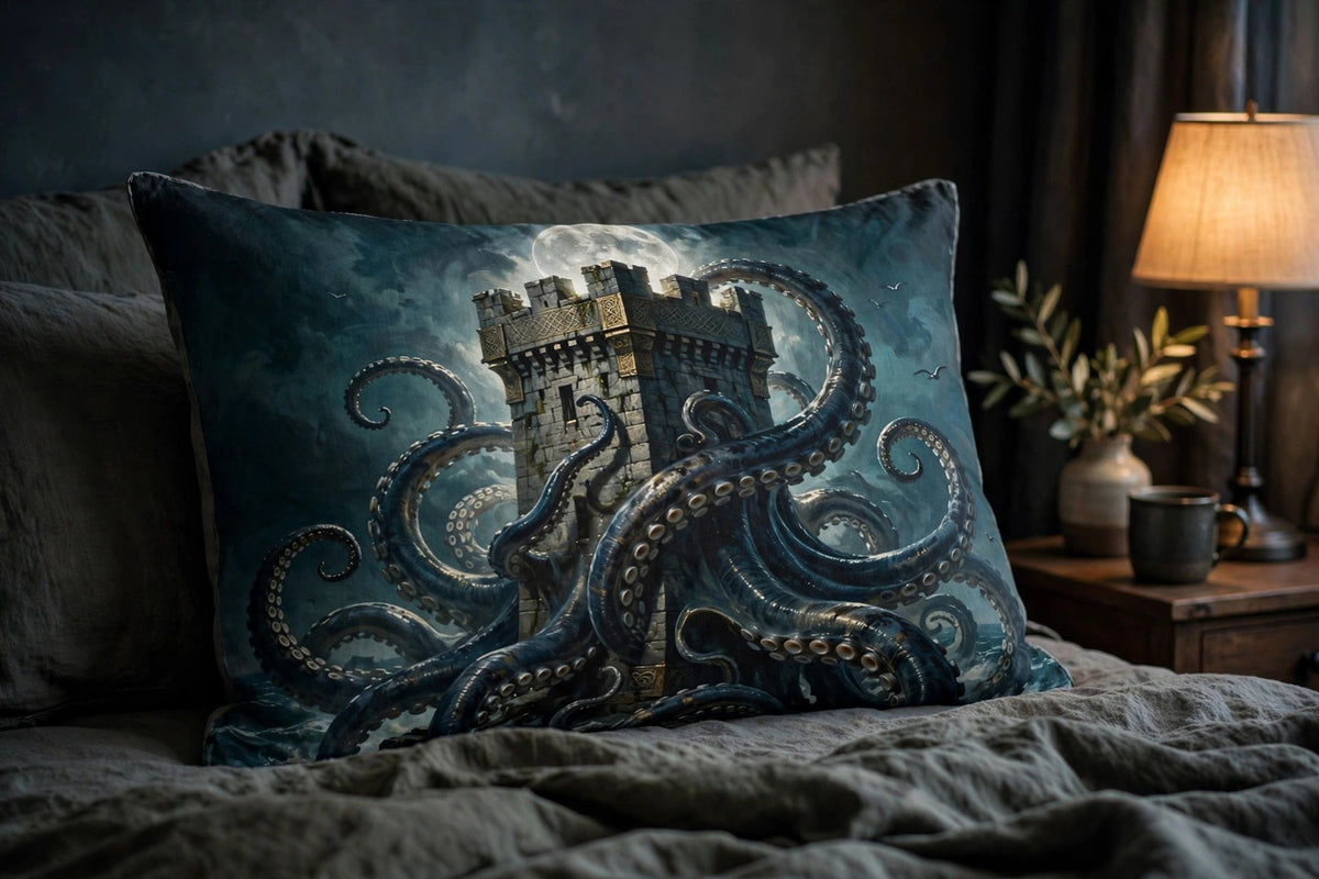 Kraken's Embrace pillow sham with a moonlit stone tower wrapped by kraken tentacles propped on a made bed