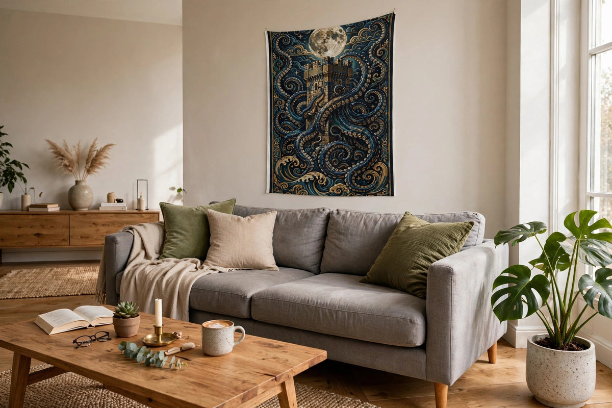 Kraken's Embrace Norse ornament wall tapestry hanging above a sofa in a living room
