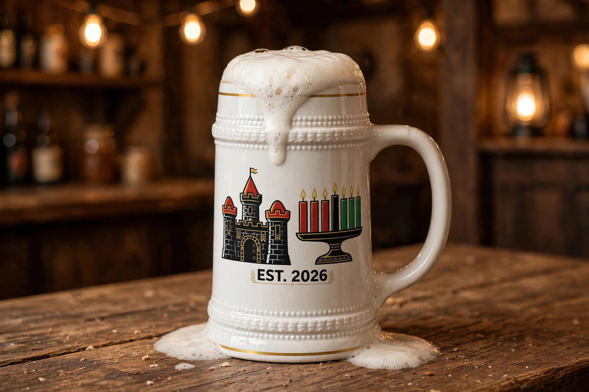 Kwanzaa Castle beer stein filled with foaming beer on a tavern table, castle and kinara design with EST. 2026
