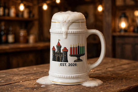 Kwanzaa Castle beer stein filled with foaming beer on a tavern table, castle and kinara design with EST. 2026