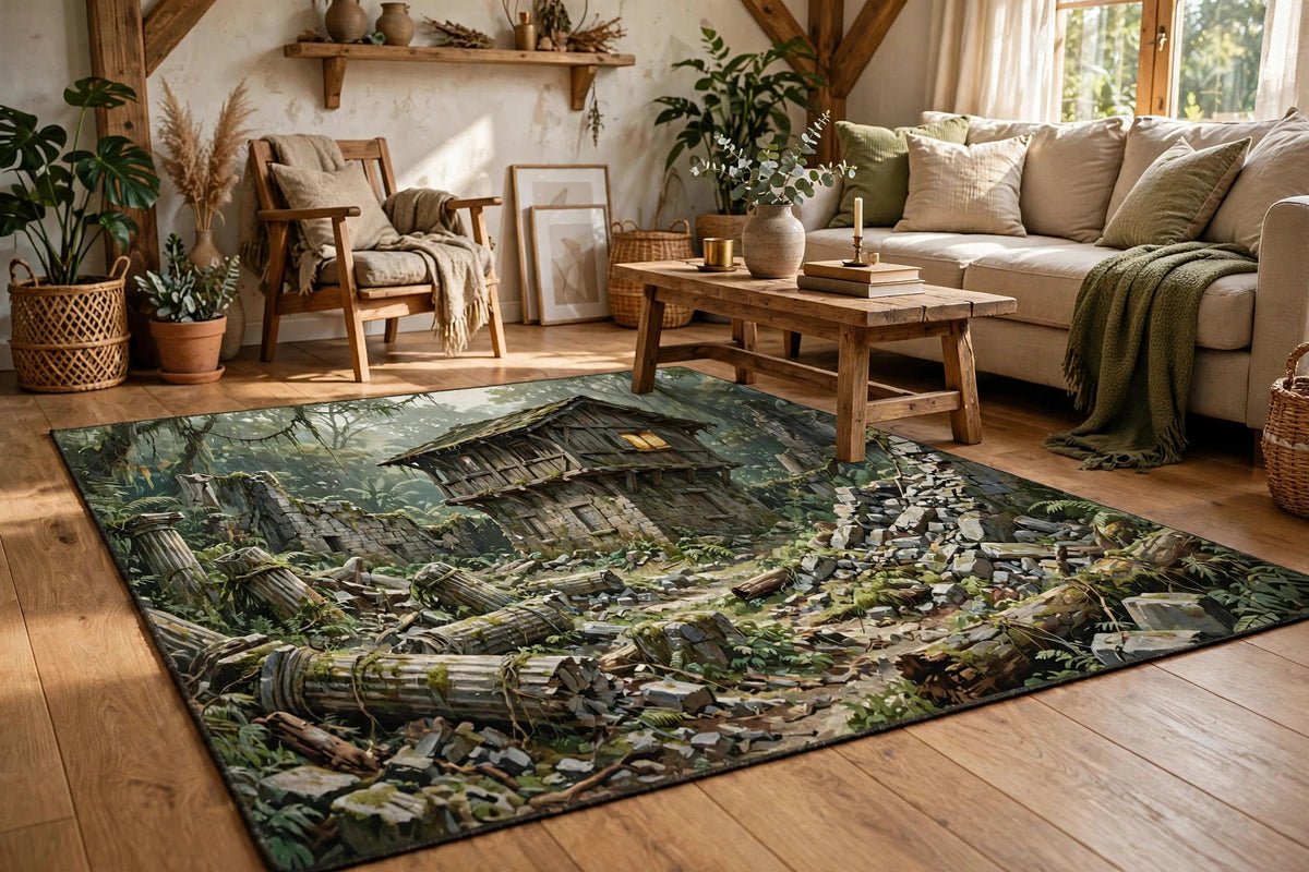 The Last Standing jungle ruins rug shown as a flat printed rug with hemmed edges in a rustic living room