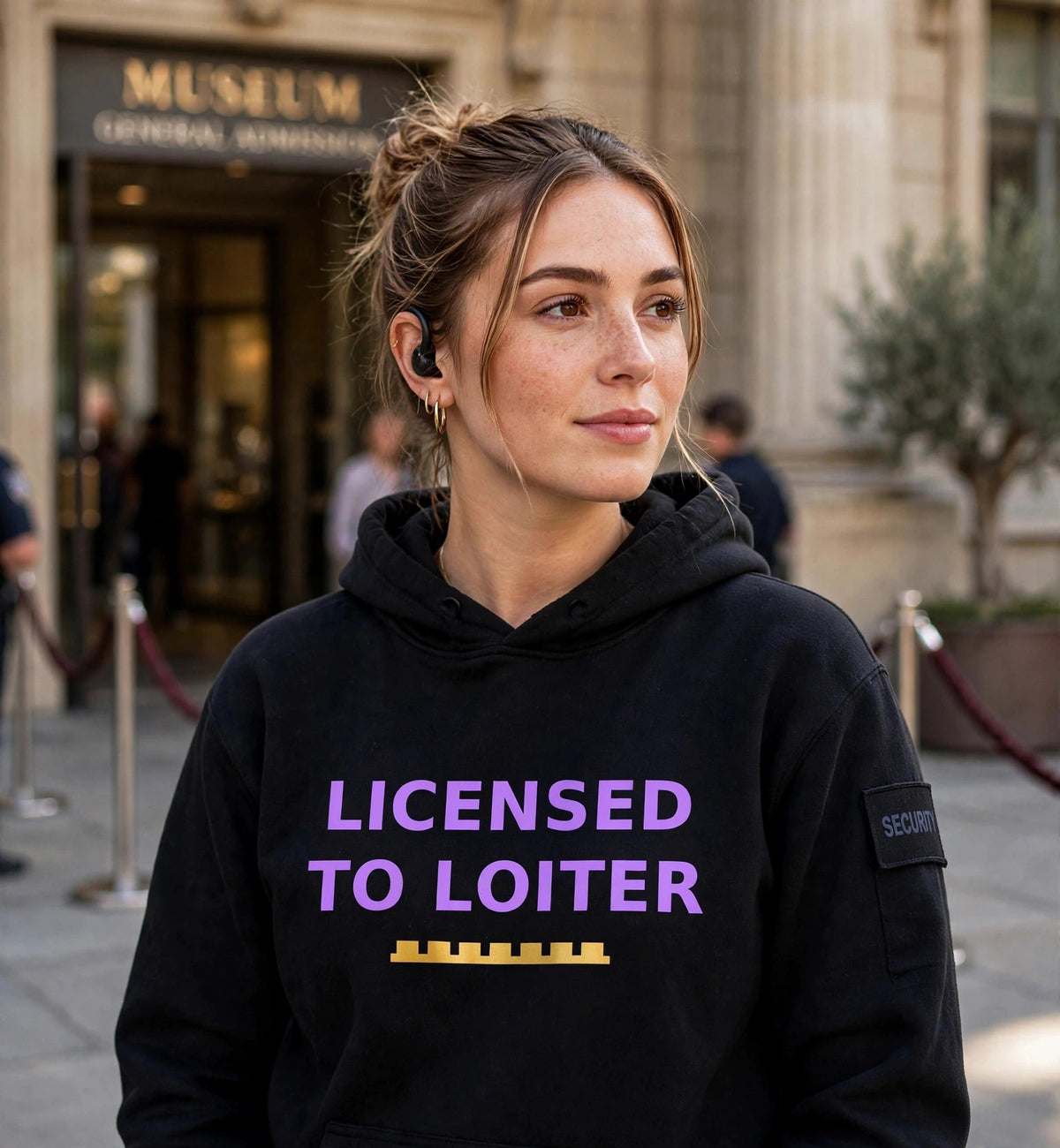 Woman modeling the black Licensed To Loiter hoodie at a museum entrance, purple print LICENSED TO LOITER with gold battlement strip fully visible