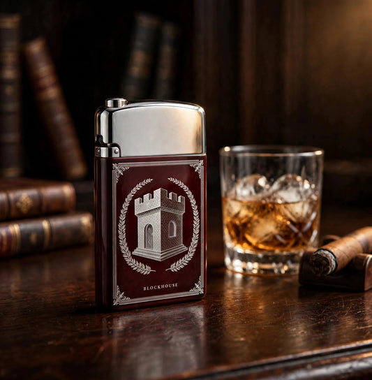 Luxury Lighter in Oxblood and Silver on a dark wood bar beside a whiskey glass