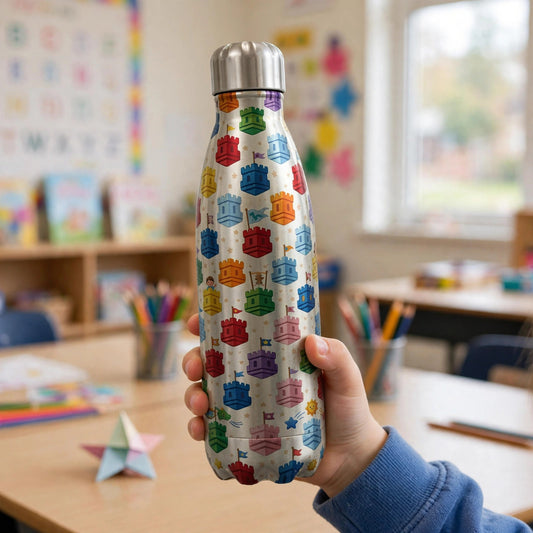 Child's hand holding a stainless steel kids flask with a colorful castle pattern in a bright classroom