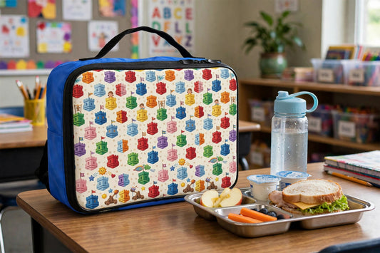 Magic Kingdom insulated kids lunch bag with a colourful castle pattern on a classroom desk beside a lunch tray and water bottle