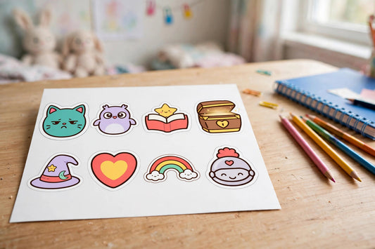 Magic Kingdom toddler sticker sheet — ten big kiss-cut vinyl stickers with Scowl Kitty, owl, rainbow, treasure chest and knight designs
