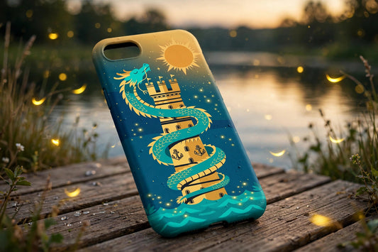 Magical Adventure phone case with card holder — new Blockhouse blue fantasy dragon and potion design, lifestyle photo