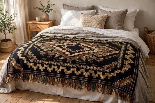 Aztec Diamond woven blanket laid across the foot of a bed — black and antique gold woven medallion design, 100% cotton with fringe