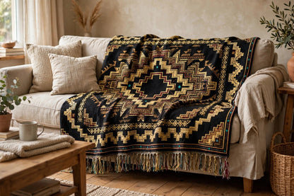 Aztec Diamond woven blanket draped over a linen sofa — black blanket with antique gold stepped diamond medallion, teal and burgundy accents, woven cotton with colorful fringe