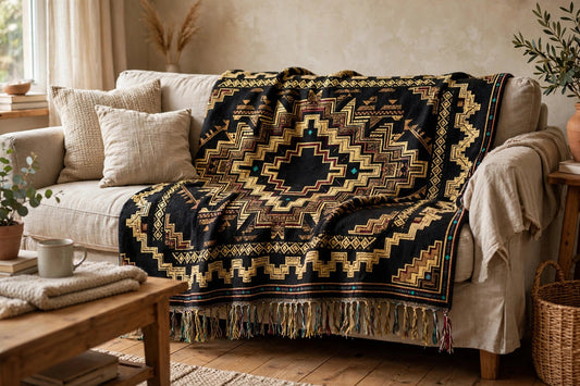 Aztec Diamond woven blanket draped over a linen sofa — black blanket with antique gold stepped diamond medallion, teal and burgundy accents, woven cotton with colorful fringe