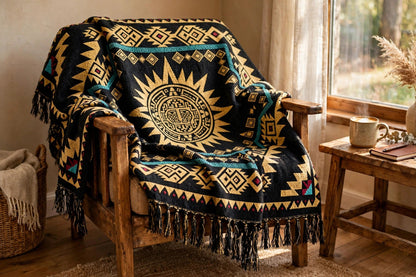 Aztec Sun woven blanket draped over a wooden armchair by a window — gold sun medallion, woven cotton with fringe