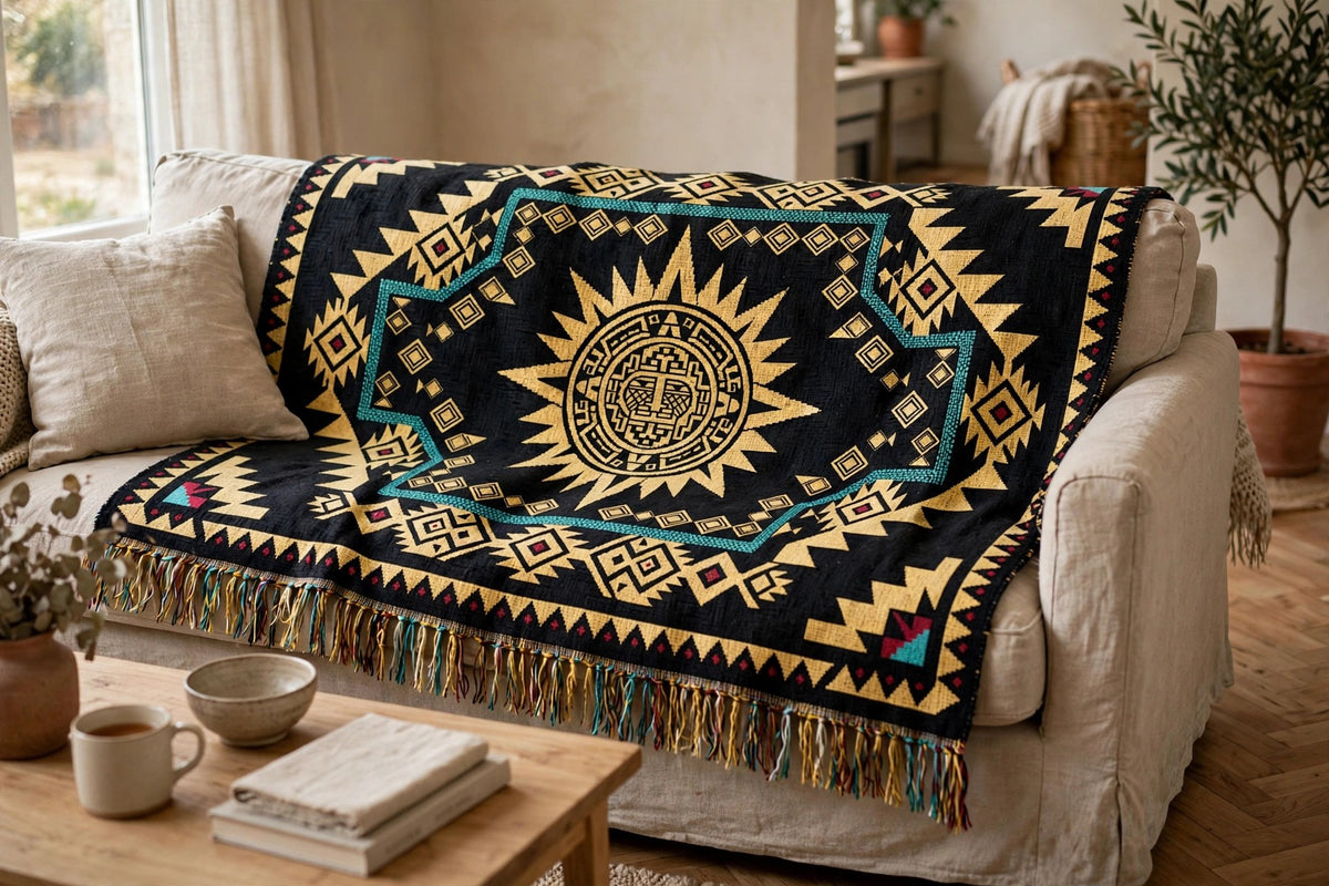 Aztec Sun woven blanket draped over a linen sofa — antique gold sun medallion on black, turquoise band and burgundy accents, woven cotton with colorful fringe