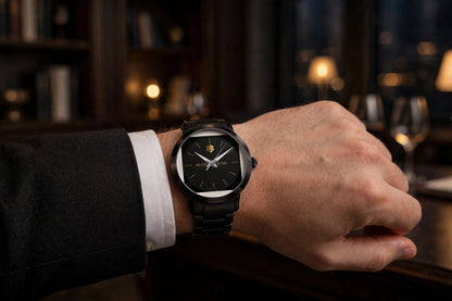 Meridian Watch — black 46mm automatic with gold Blockhouse dial, worn on a man's wrist