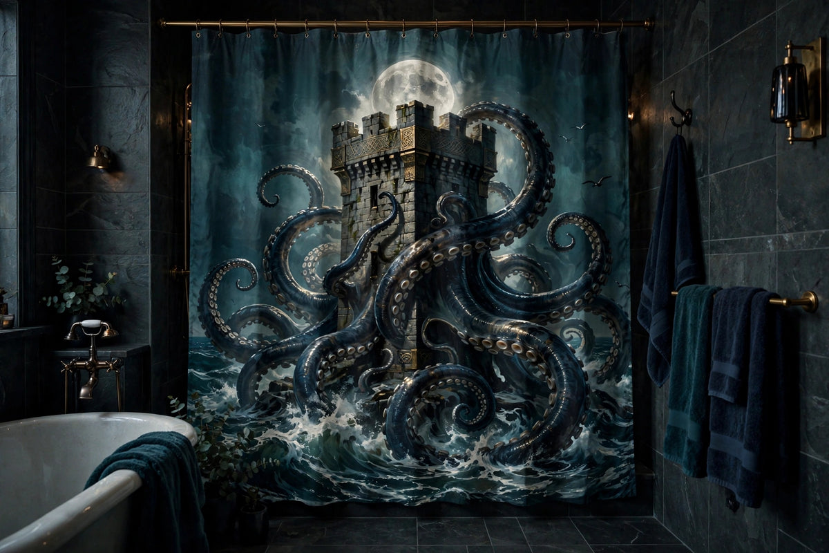 The Kraken's Embrace — Shower Curtain — view 2: shower curtain hanging in a dark tiled bathroom, kraken tentacles wrapping a stone tower under a full moon