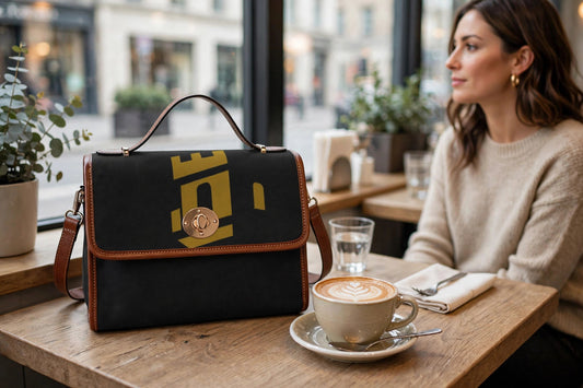 Monogram canvas crossbody bag with brown trim and gold tower monogram on a cafe table beside a coffee