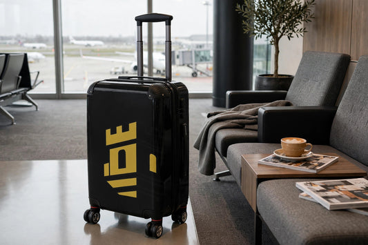 Black monogram travel suitcase with gold tower design standing in an airport lounge