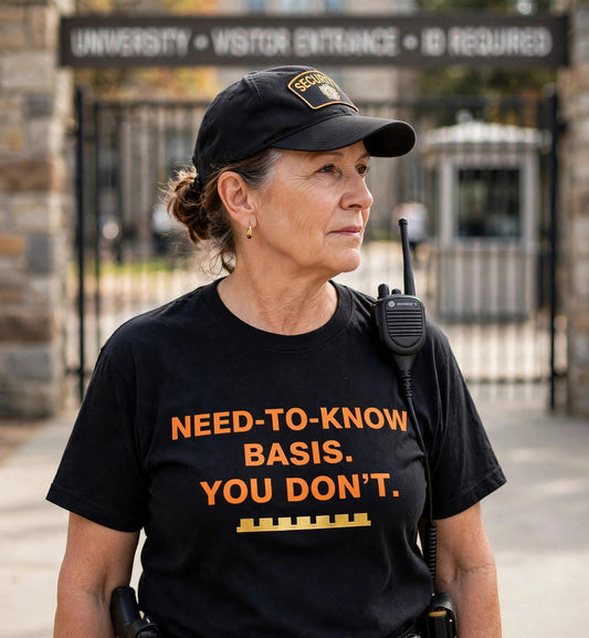 Woman modeling the black Need To Know t-shirt at a university gate, orange text NEED-TO-KNOW BASIS. YOU DON'T. fully visible