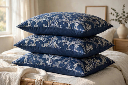 A stack of Night Watch pillowcases in smooth printed cotton sateen with the navy Winter Palace damask pattern