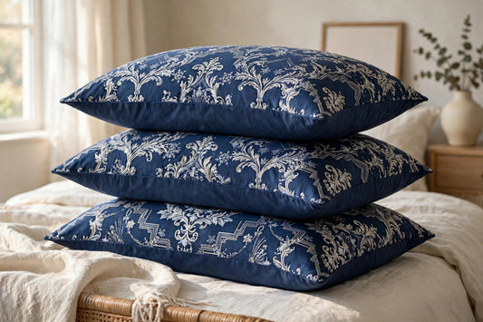 A stack of Night Watch pillowcases in smooth printed cotton sateen with the navy Winter Palace damask pattern
