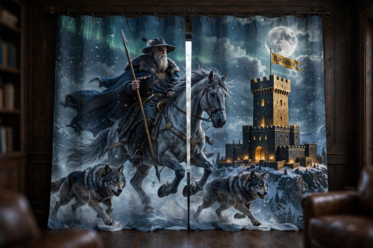 The Wild Hunt, Blockhouse curtains hanging at a window in a moody den