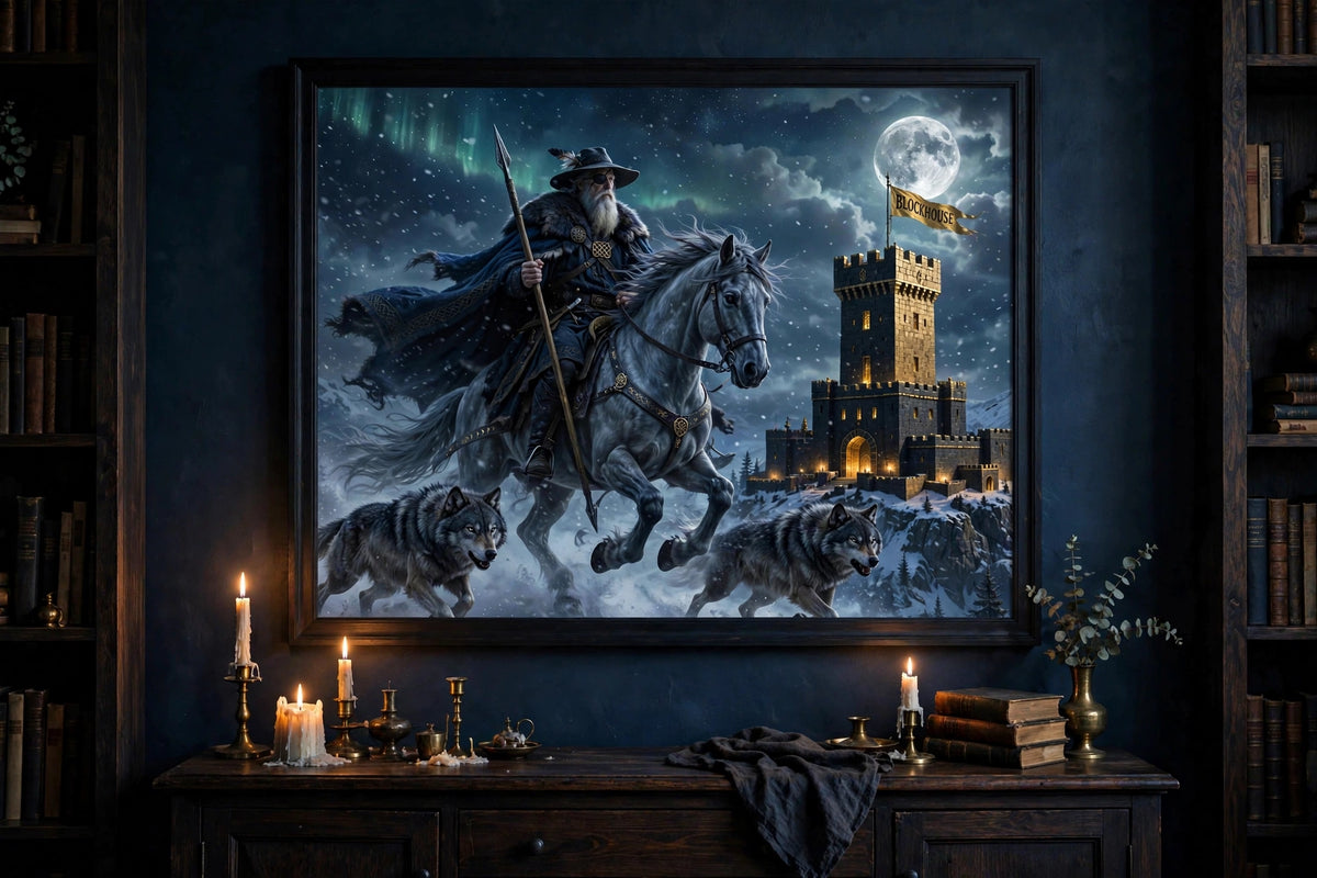 The Wild Hunt, Blockhouse framed print hanging on a navy wall above a sideboard with candles