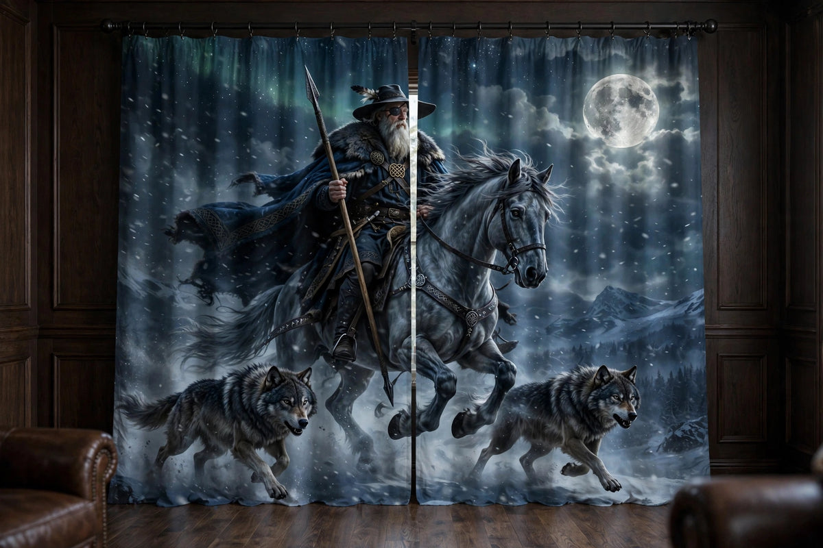 The Wild Hunt curtains hanging at a window in a moody wood-panelled den