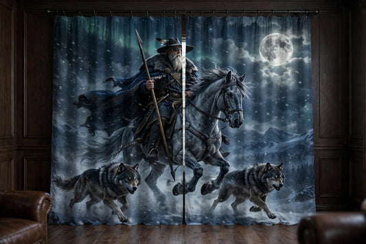 The Wild Hunt curtains hanging at a window in a moody wood-panelled den