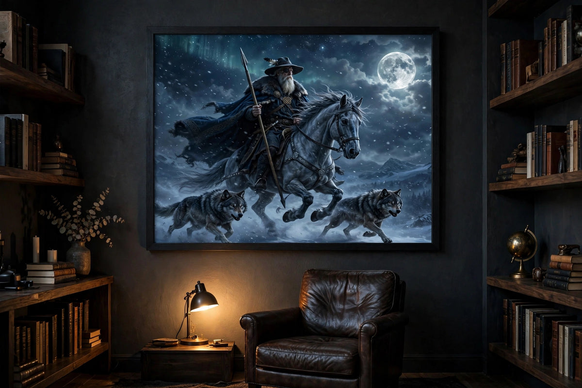 The Wild Hunt framed print hanging on a dark wall in a study with bookshelves