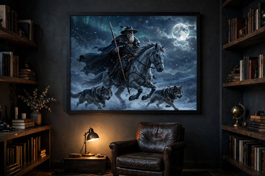 The Wild Hunt framed print hanging on a dark wall in a study with bookshelves