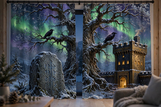 Yggdrasil at Yule, Blockhouse curtains hanging at a window in a cozy winter living room