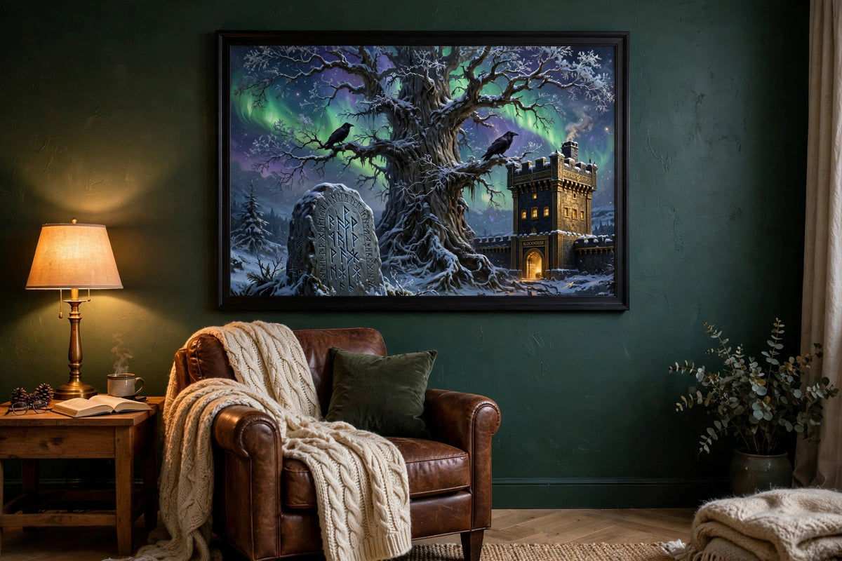 Yggdrasil at Yule, Blockhouse framed print hanging on a green wall above a leather armchair