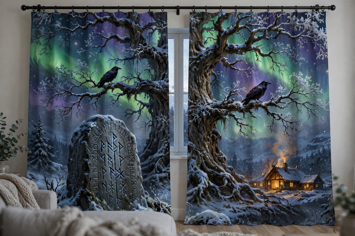 Yggdrasil at Yule curtains hanging at a window in a cozy winter living room