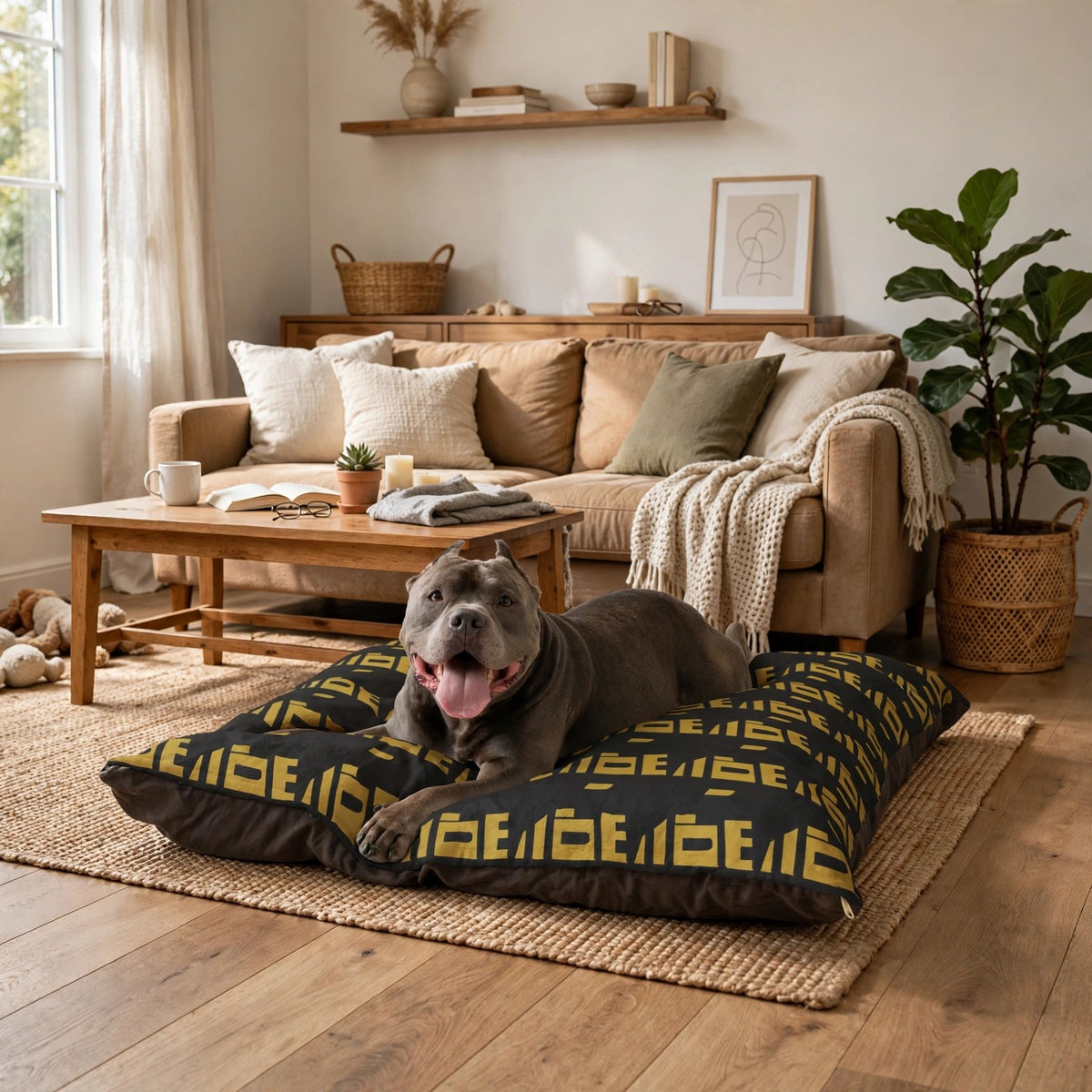 A dog lying on the black and gold Perimeter Secured pet bed in a living room.