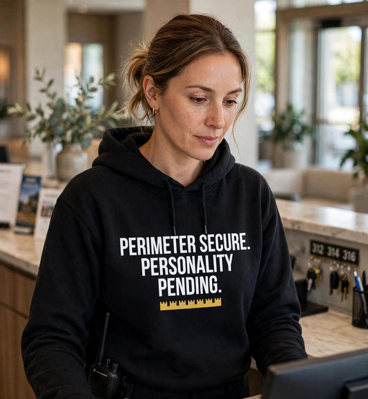 Woman modeling the black Perimeter Secure hoodie at a hotel front desk, white print PERIMETER SECURE. PERSONALITY PENDING. with gold battlement strip fully visible