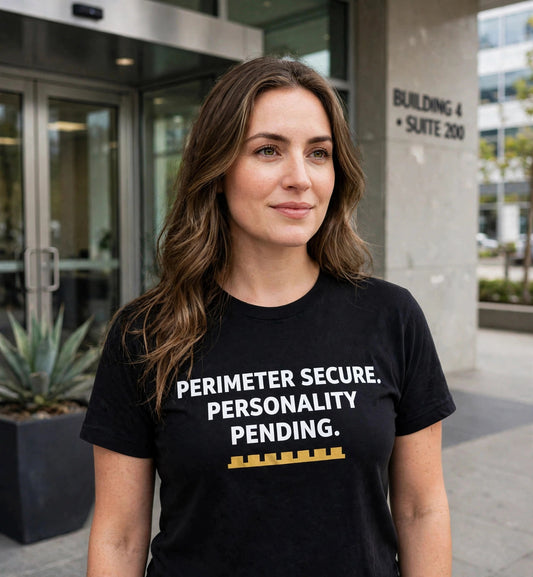 Woman wearing the black Perimeter Secure Personality Pending t-shirt outside an office building
