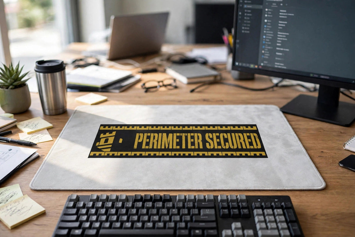 Perimeter Secured desk mat on an office desk seen from a closer angle, with the gold and black Perimeter Secured banner printed on the mat