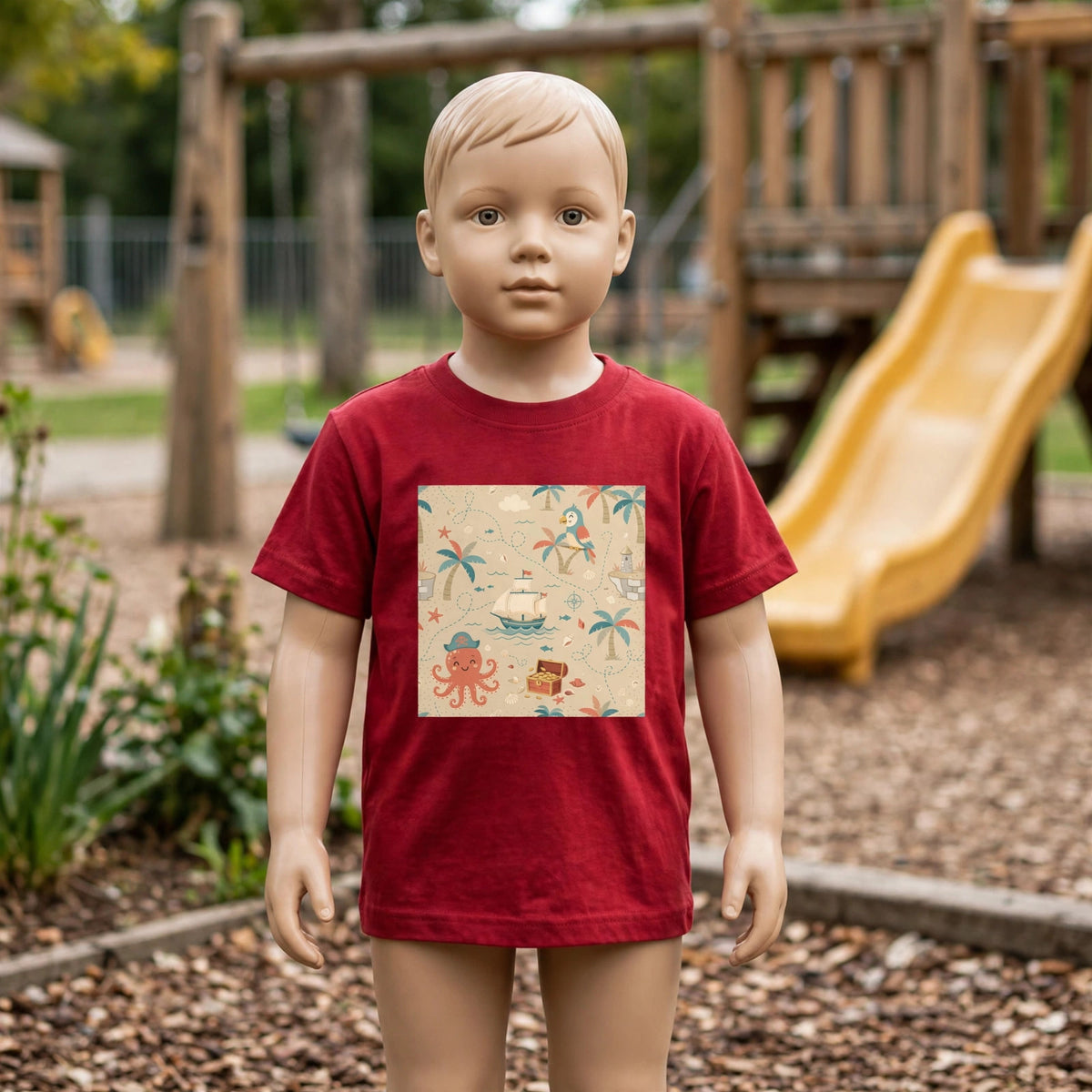 Pirate Cove toddler tee in red with a pirate octopus and treasure print, worn by a child mannequin on a playground