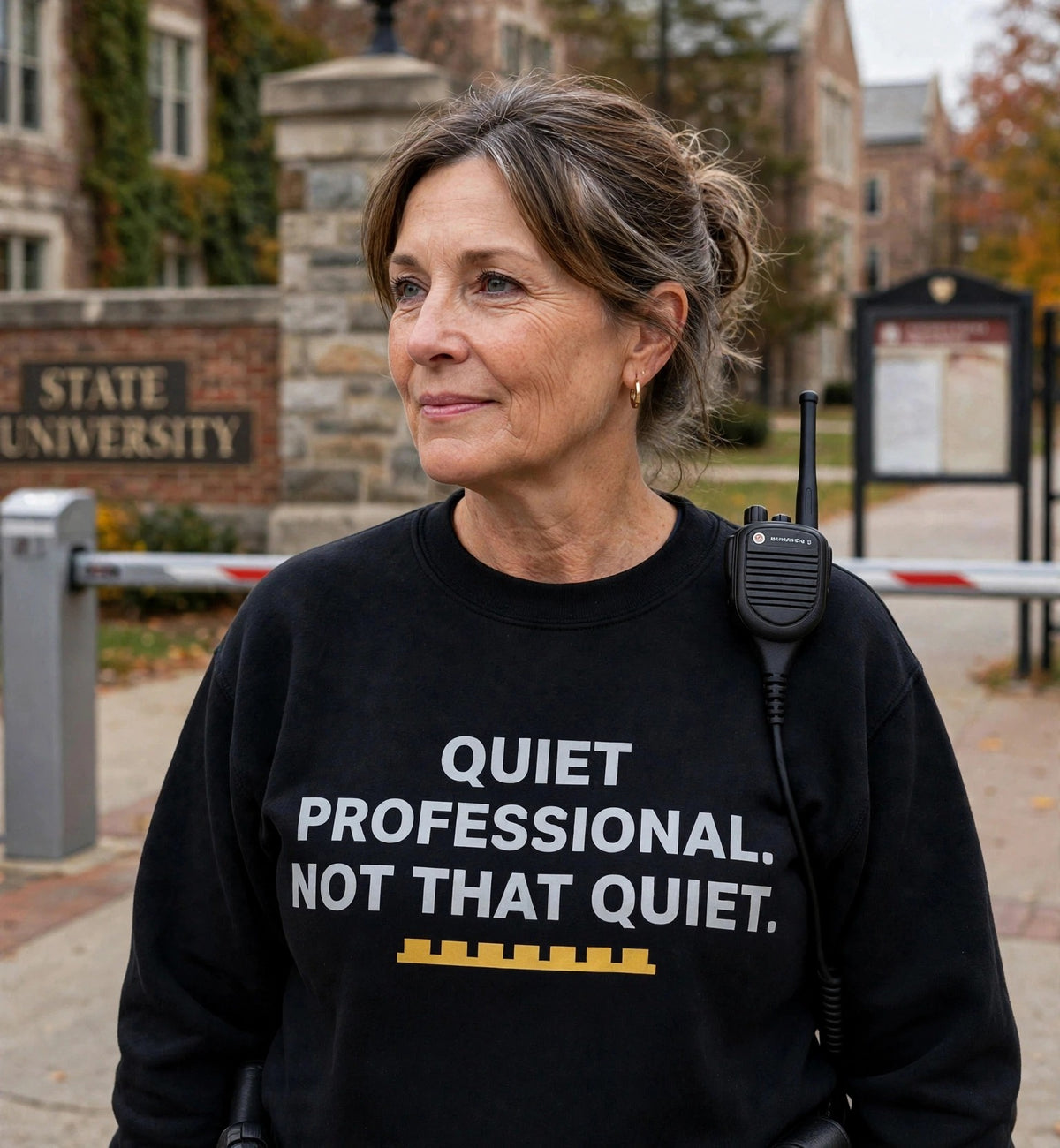 Woman modeling the black Quiet Professional sweatshirt at a university gate, print QUIET PROFESSIONAL. NOT THAT QUIET. with gold battlement strip fully visible