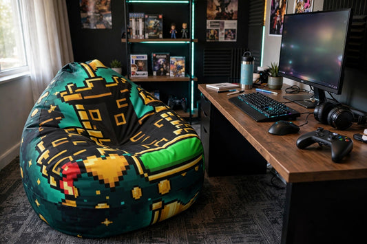 The Respawn Point bean bag chair filled and set up in a gaming room beside a gaming desk, with its pixel castle, gold heart and green pixel design on dark teal